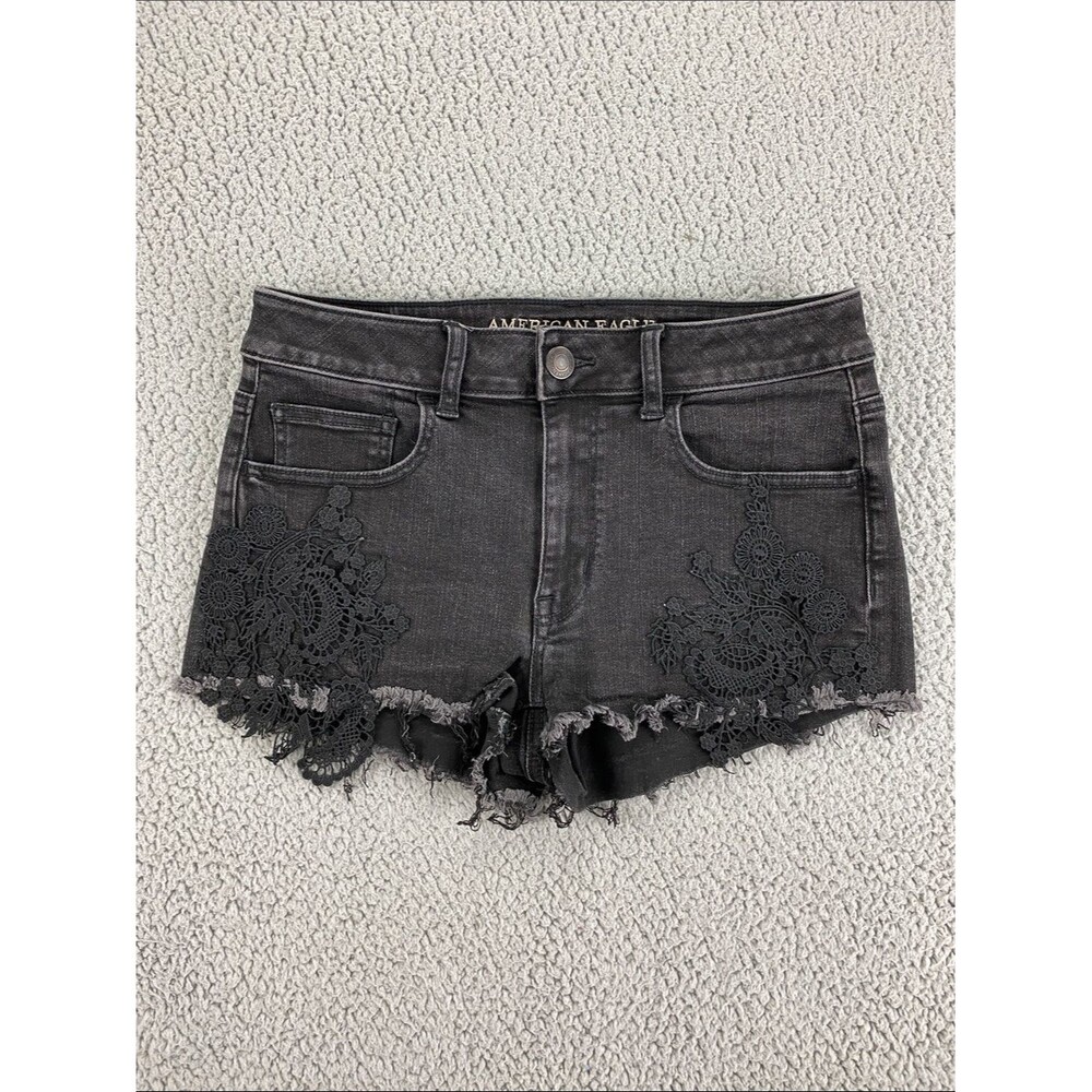 American Eagle Hi-Rise Shortie Black Lace Applique Denim Shorts Stretch   Size 8